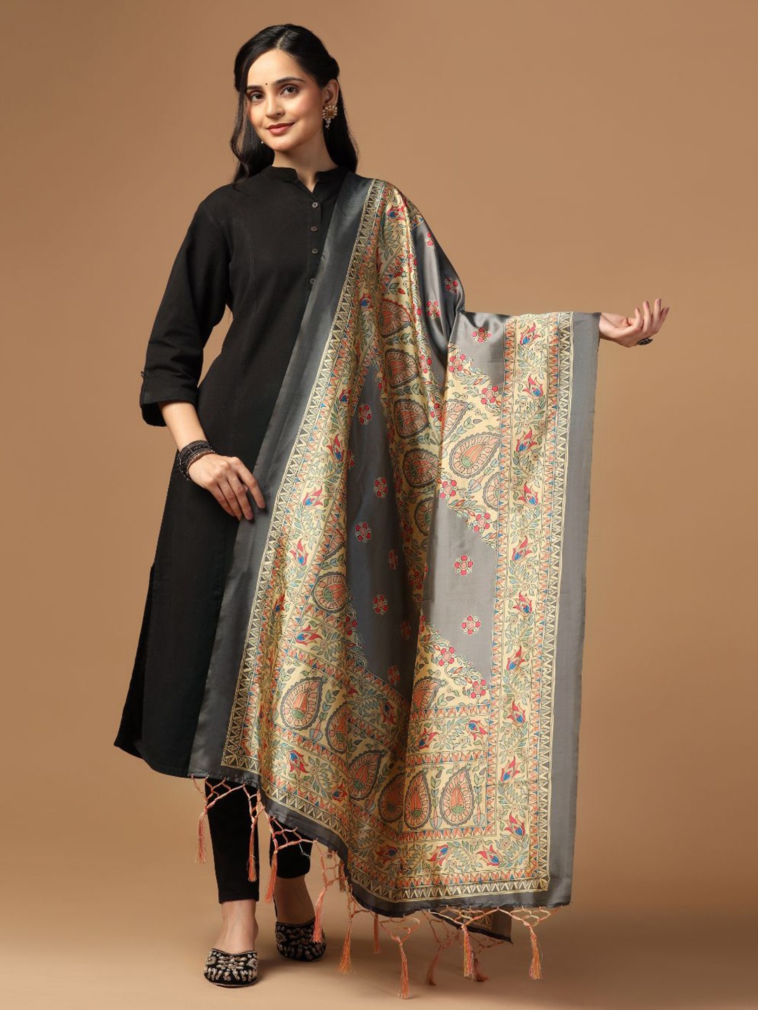 

Kaizen TEXO FAB Ethnic Motifs Printed Assam Silk Dupatta, Grey