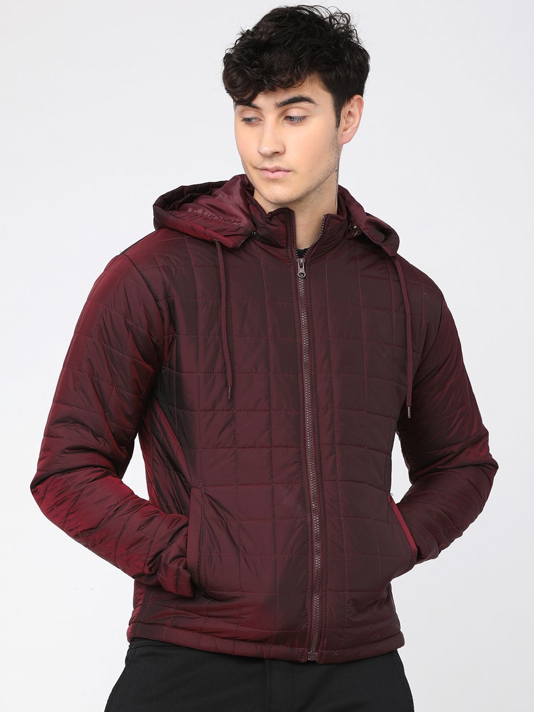 

HIGHLANDER Men Checked Quilted Jacket, Burgundy