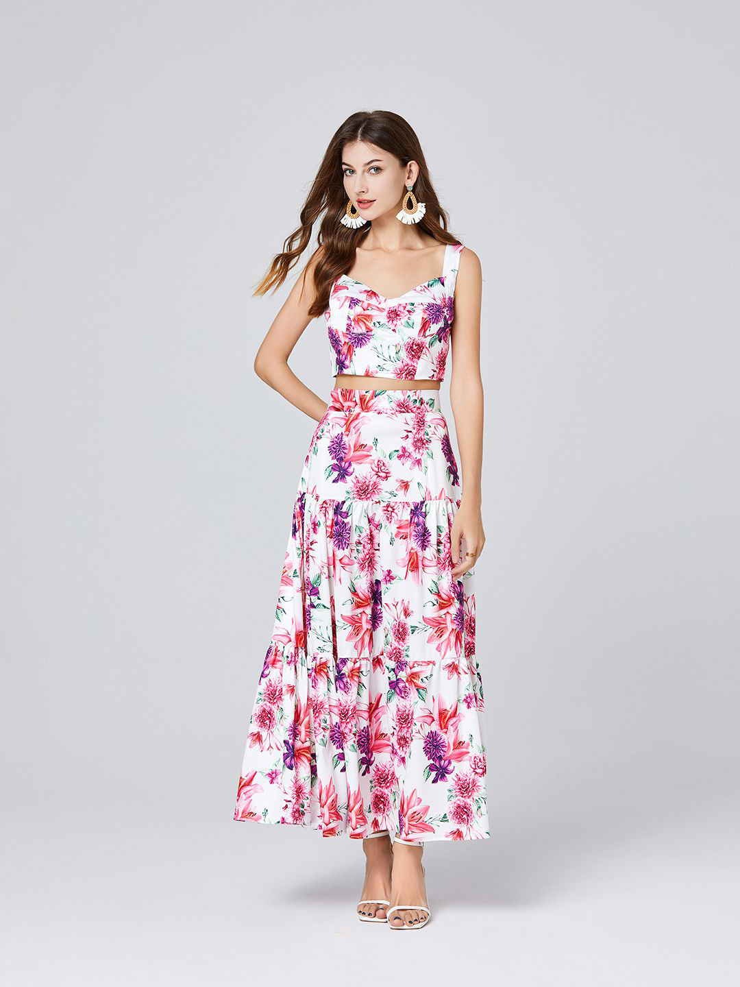 

JC Collection Floral Printed Shoulder Straps Crop Casual Top With Maxi Skirt, Pink