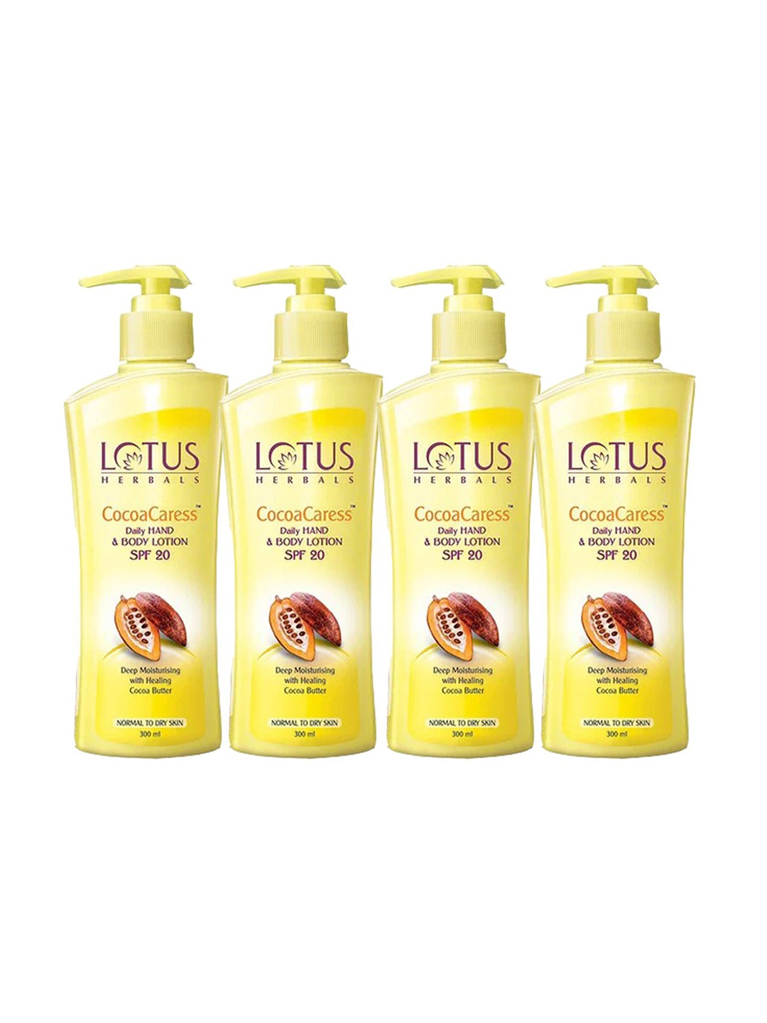 

Lotus Herbals Set Of 4 Cocoa Caress Daily Hand & Body Lotion SPF20 - 300ml Each, Yellow