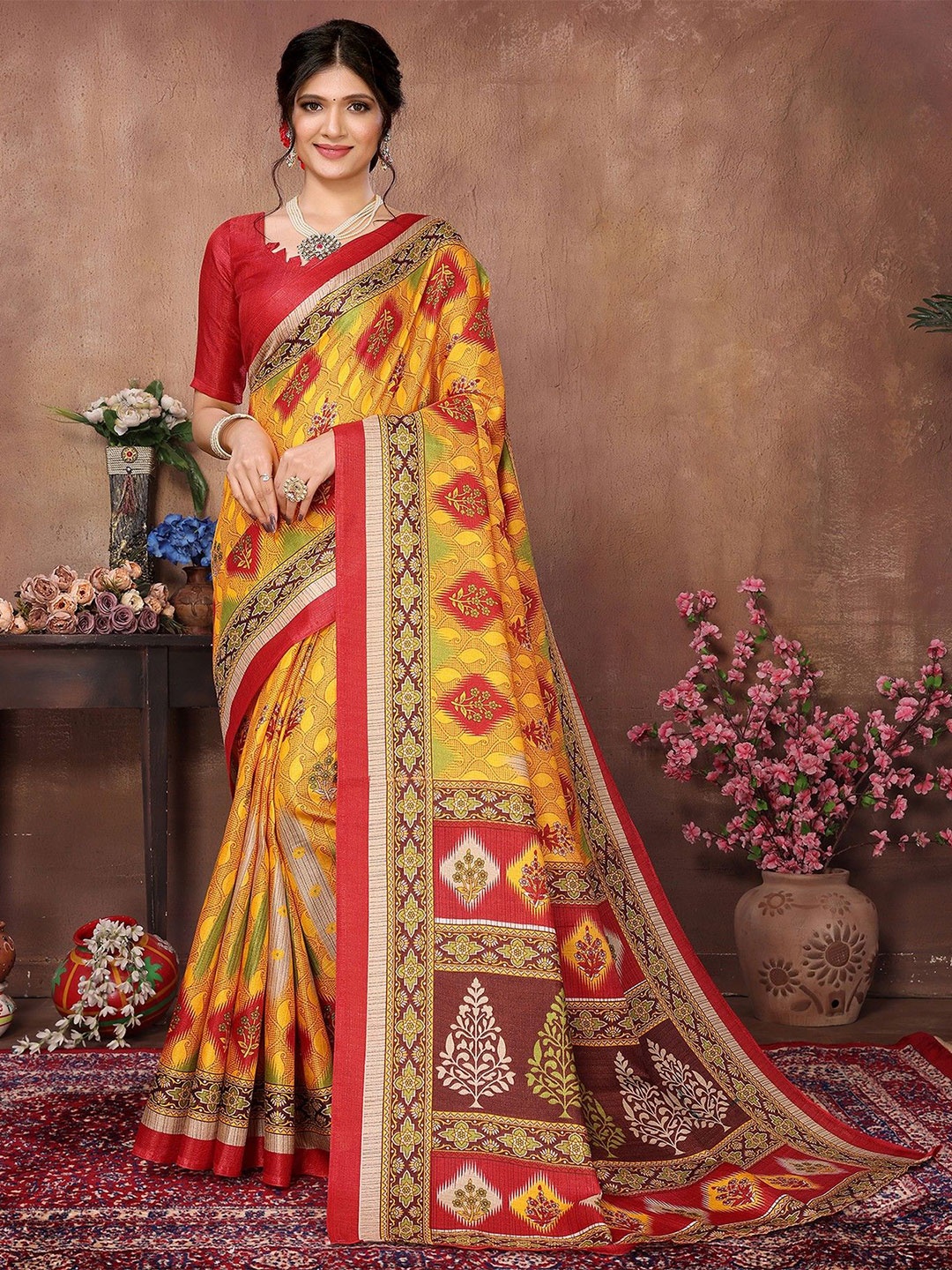 

KALINI Floral Art Silk Mysore Silk Saree, Red