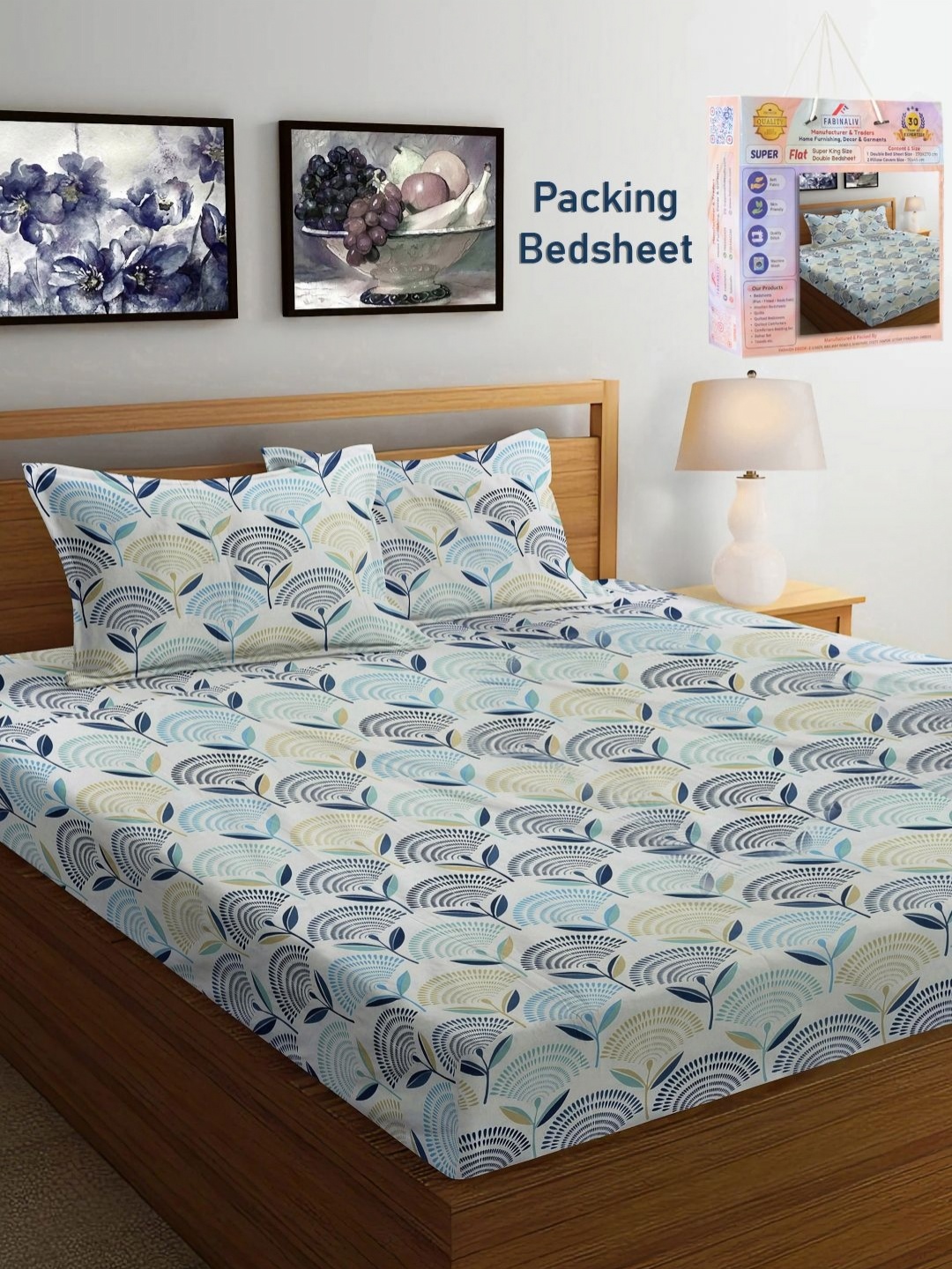 

FABINALIV White & Blue Floral 300 TC Double King Bedsheet With 2 Pillow Covers