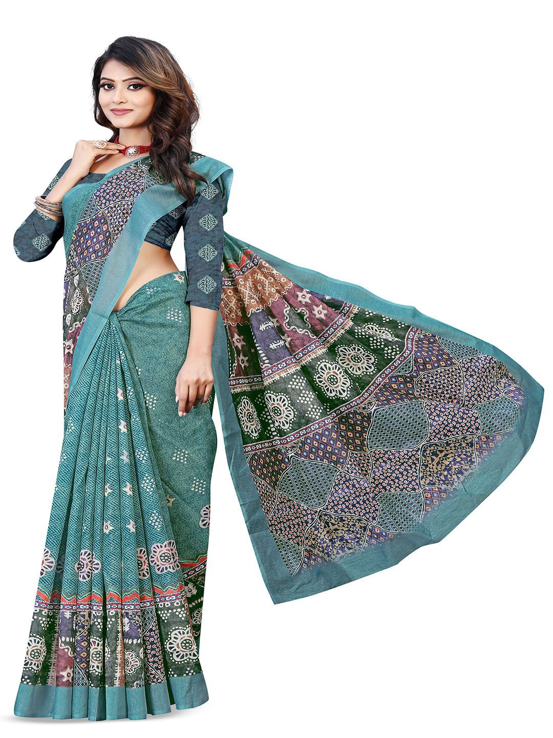 

BAESD Printed Ethnic Motifs Cotton Blend Saree, Blue