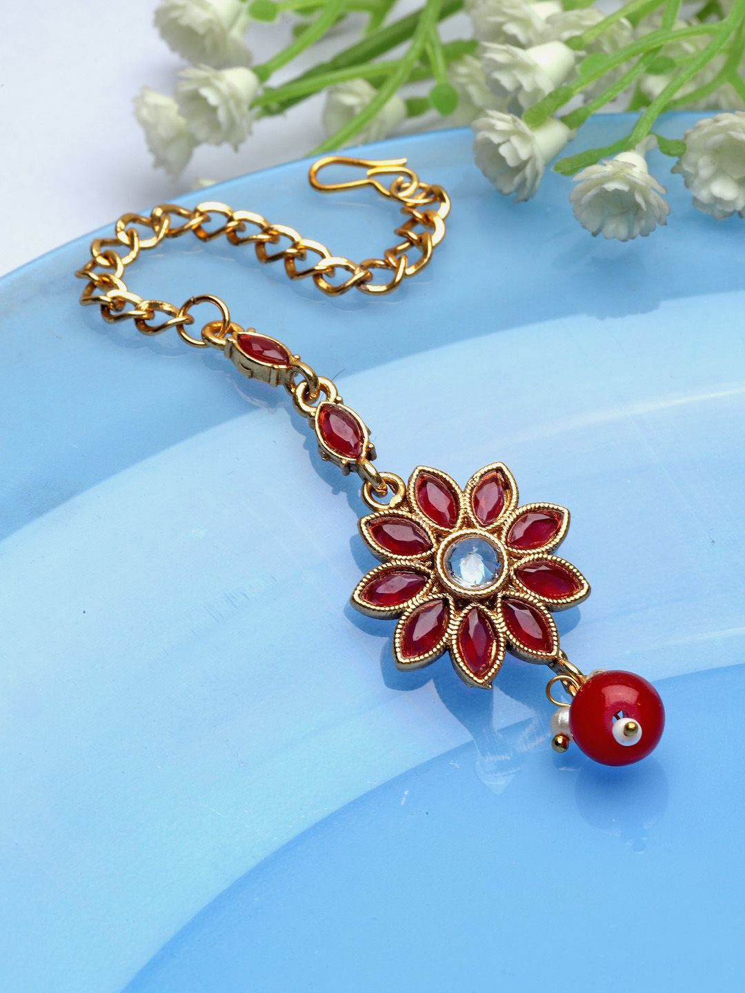 

ZENEME Gold-Plated Stones Studded & Beaded Maang Tikka