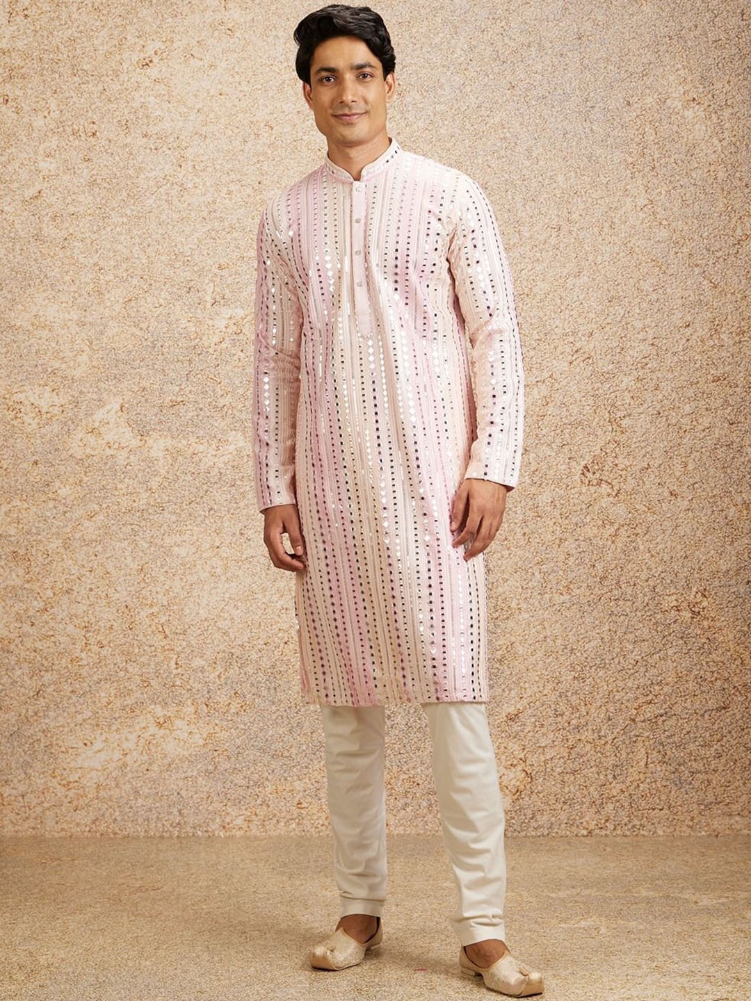 

Twamev Men Embroidered Regular Mirror Work Kurta with Churidar, Pink