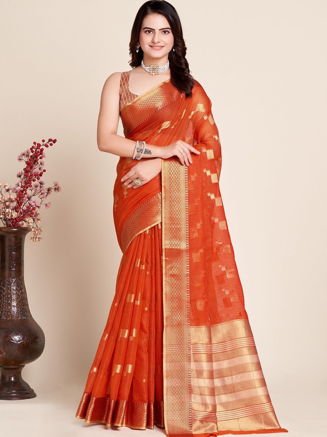 

LEOSAGI Woven Design Zari Silk Cotton Kota Saree, Orange