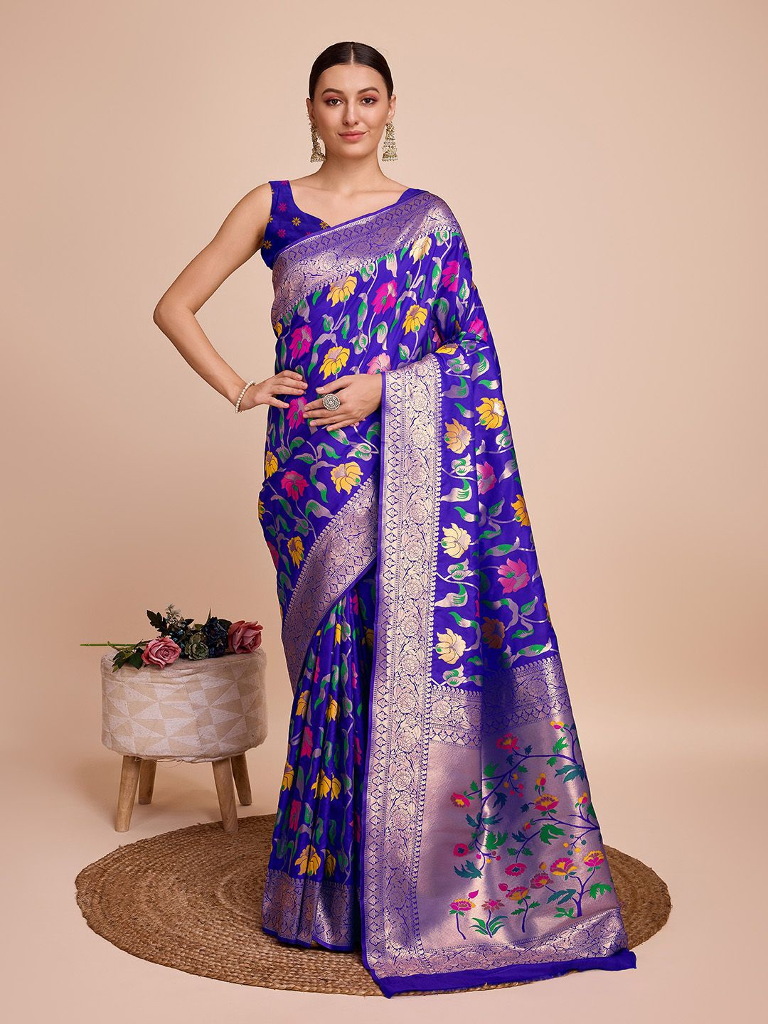 

SHOBHA SAREES Ethnic Motifs Zari Pure Silk Paithani Saree, Blue