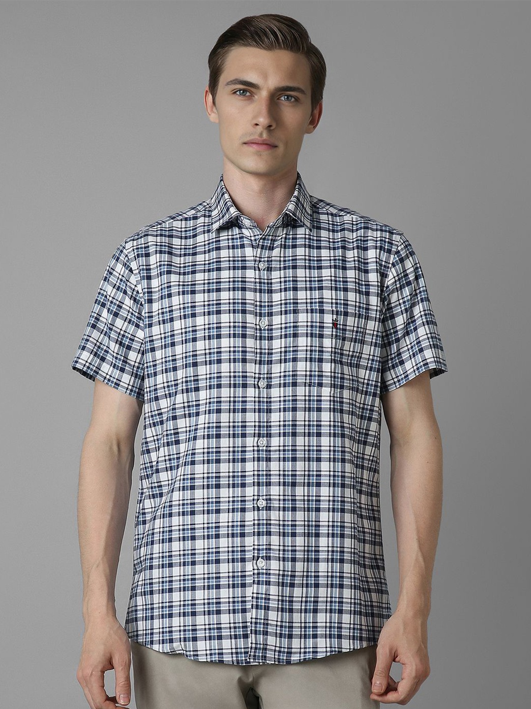 

Louis Philippe Sport Men Spread Collar Tartan Checked Cotton Slim Fit Casual Shirt, White
