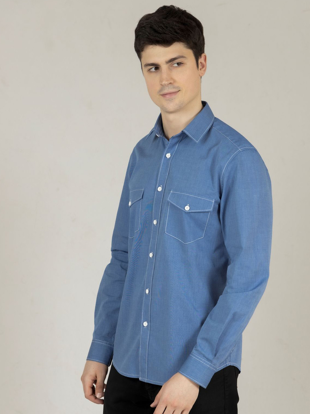 

OZMOD Men Modern Spread Collar Solid Cotton Slim Fit Casual Shirt, Blue