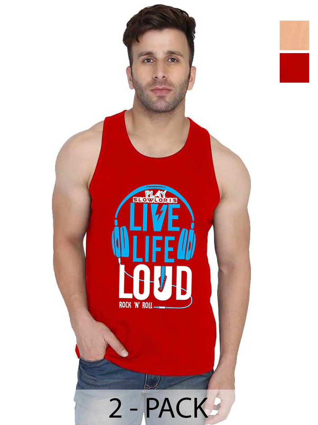 

SLOWLORIS Men Pack Of 2 Typography Printed Round Neck Cotton Slim Fit T-Shirts, Red