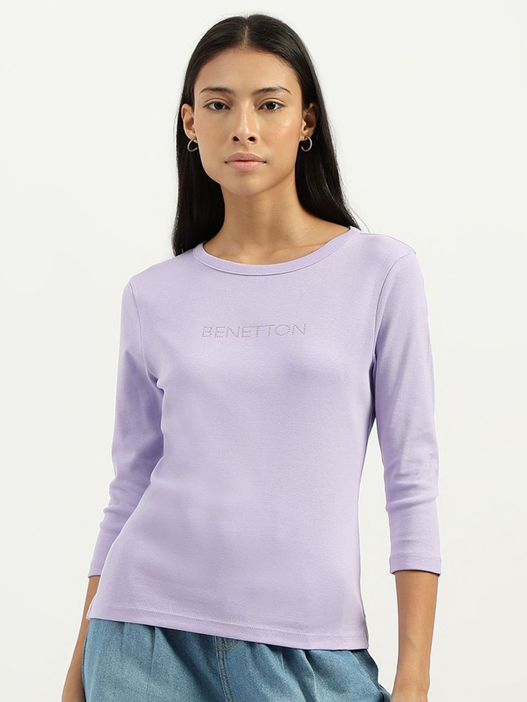 

United Colors of Benetton Women Graphic Printed Boat Neck Pure Cotton T-Shirt, Purple