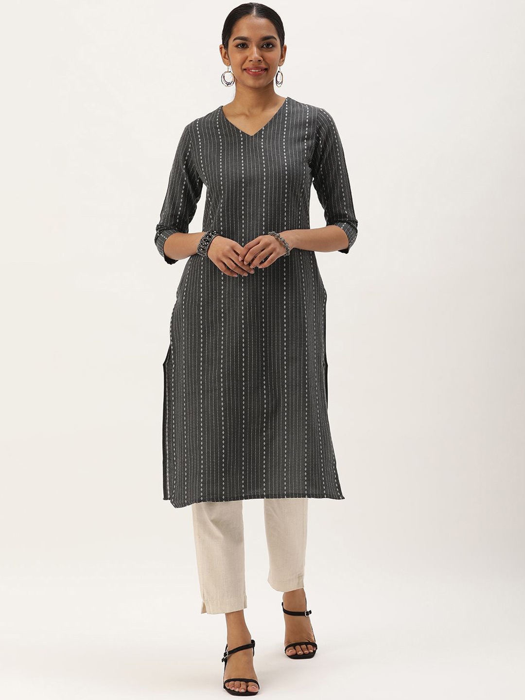 

Shaily Striped Round Neck Straight Kurta, Grey