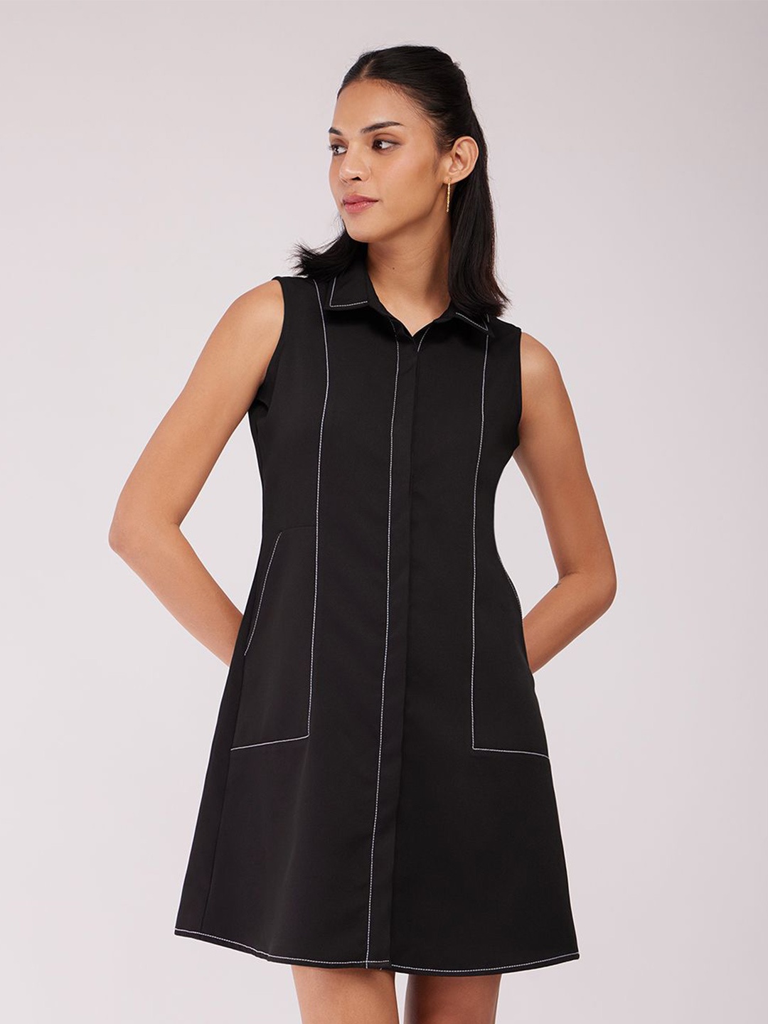 

FableStreet Shirt Collared A-line Mini Dress, Black