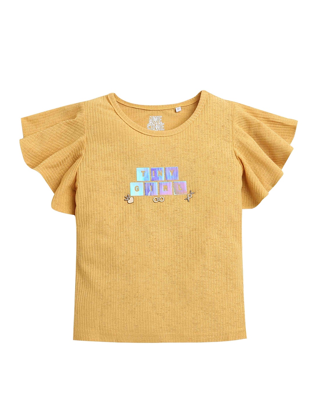 

Tiny Girl Girls Typography Printed Round Neck Cotton Top, Mustard