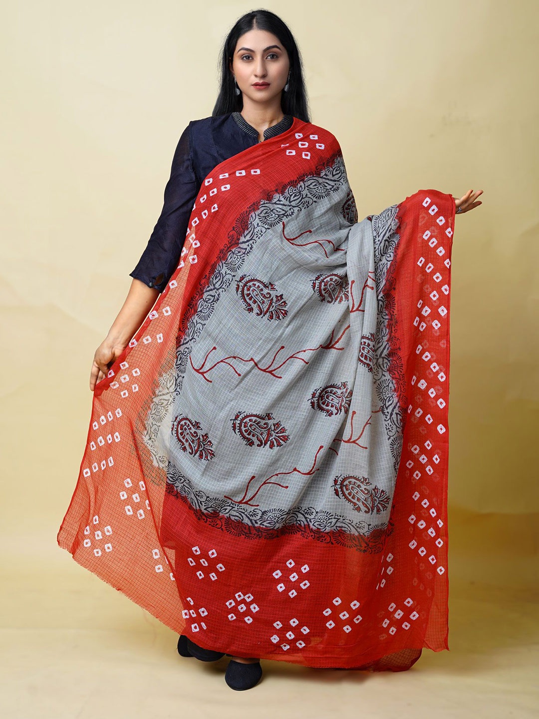 

Unnati Silks Bandhani Printed Cotton Silk Dupatta, Grey