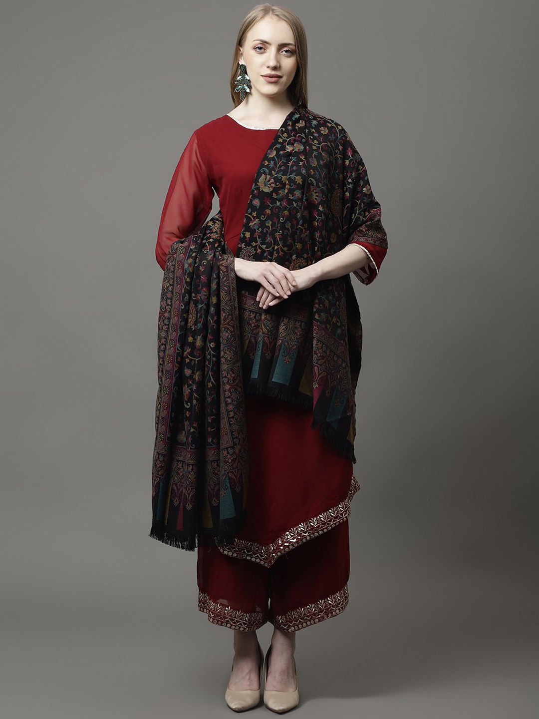 

WEAVERS VILLA Women Floral Printed Shawl, Black
