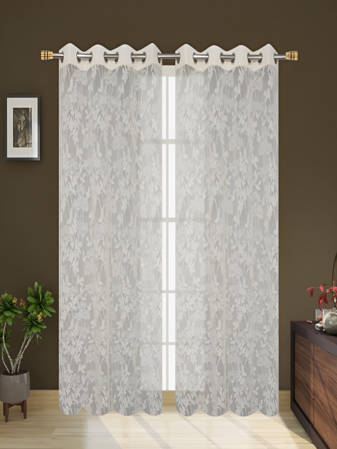 

B' Decorlish Cream-Coloured & Transparent Floral Sheer Window Curtain