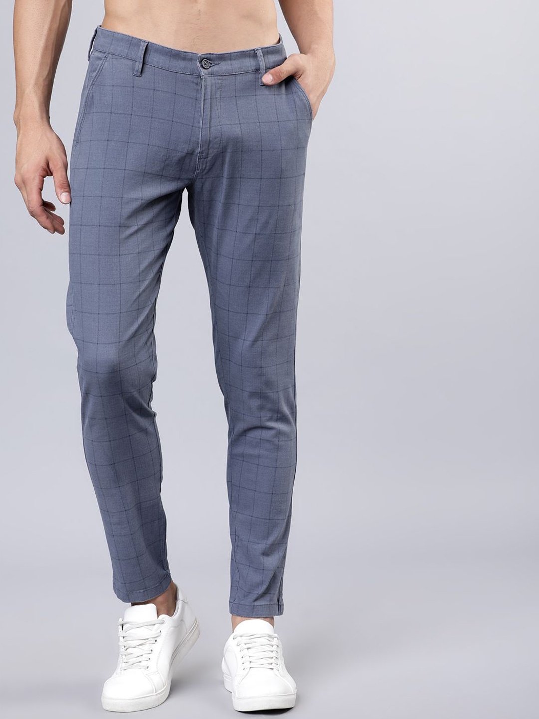 

HIGHLANDER Men Checked Slim Fit Regular Trousers, Blue