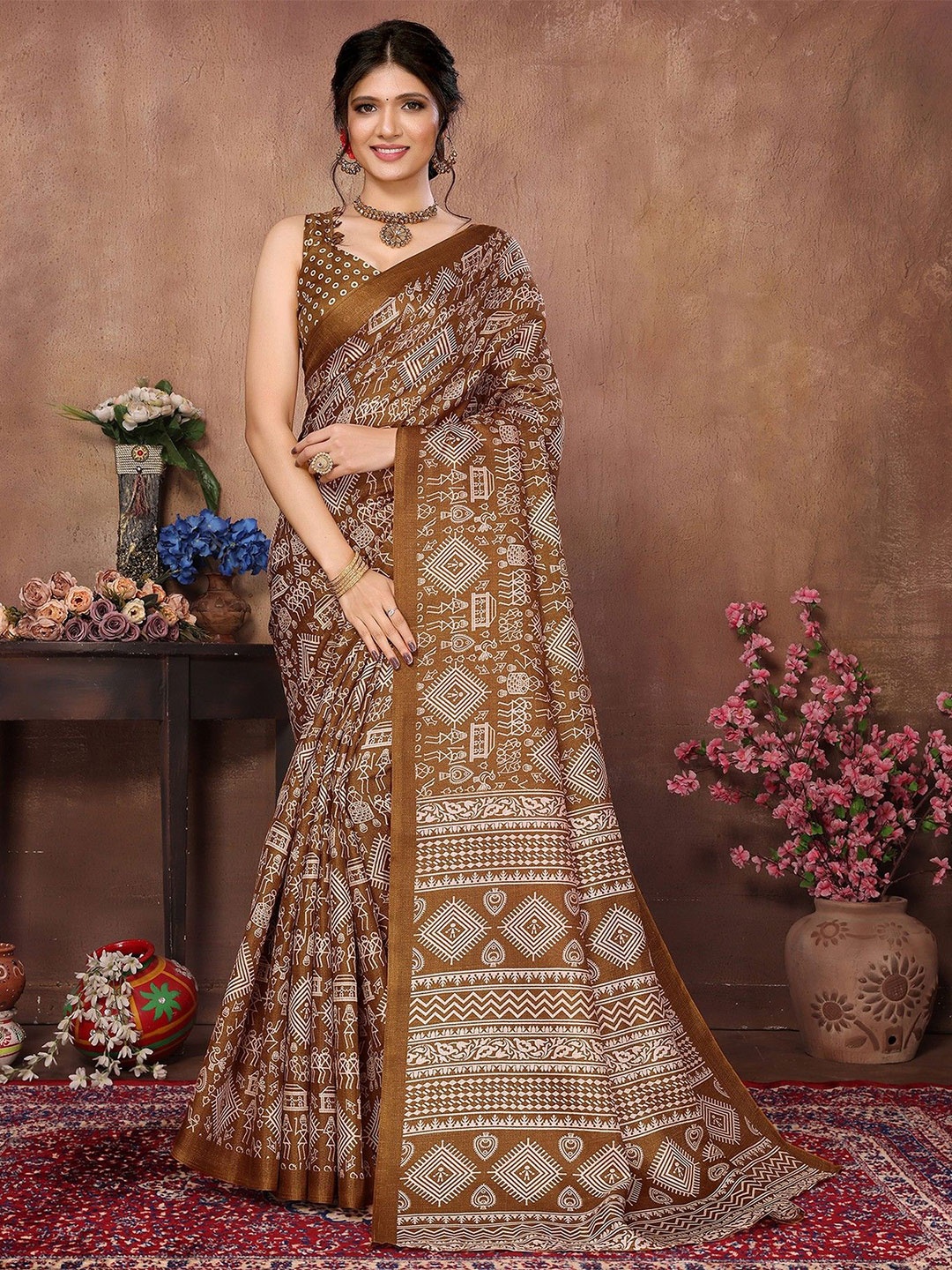 

KALINI Ethnic Motifs Art Silk Mysore Silk Saree, Brown