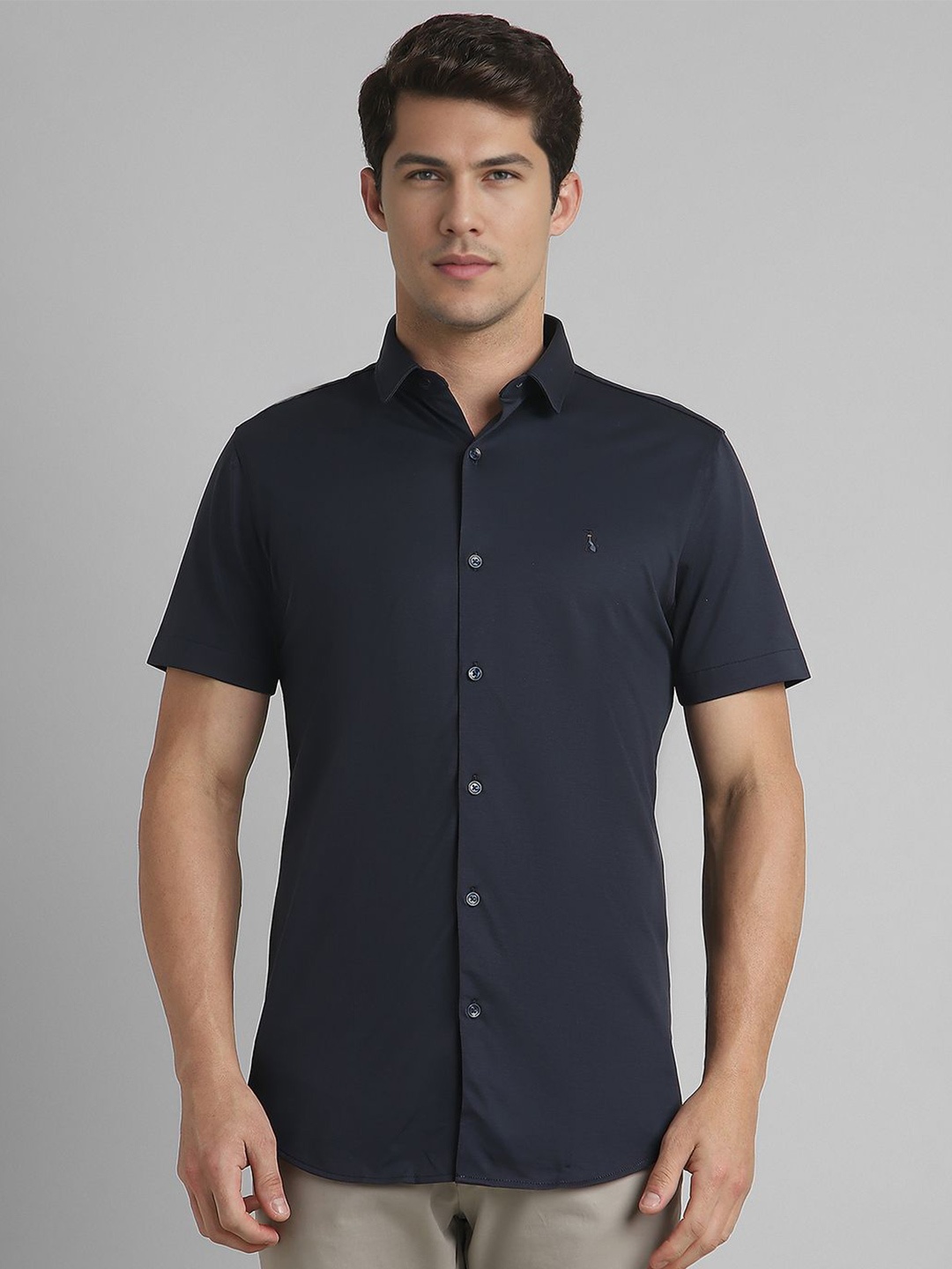

SIMON CARTER LONDON Men Spread Collar Solid Cotton Slim Fit Casual Shirt, Navy blue