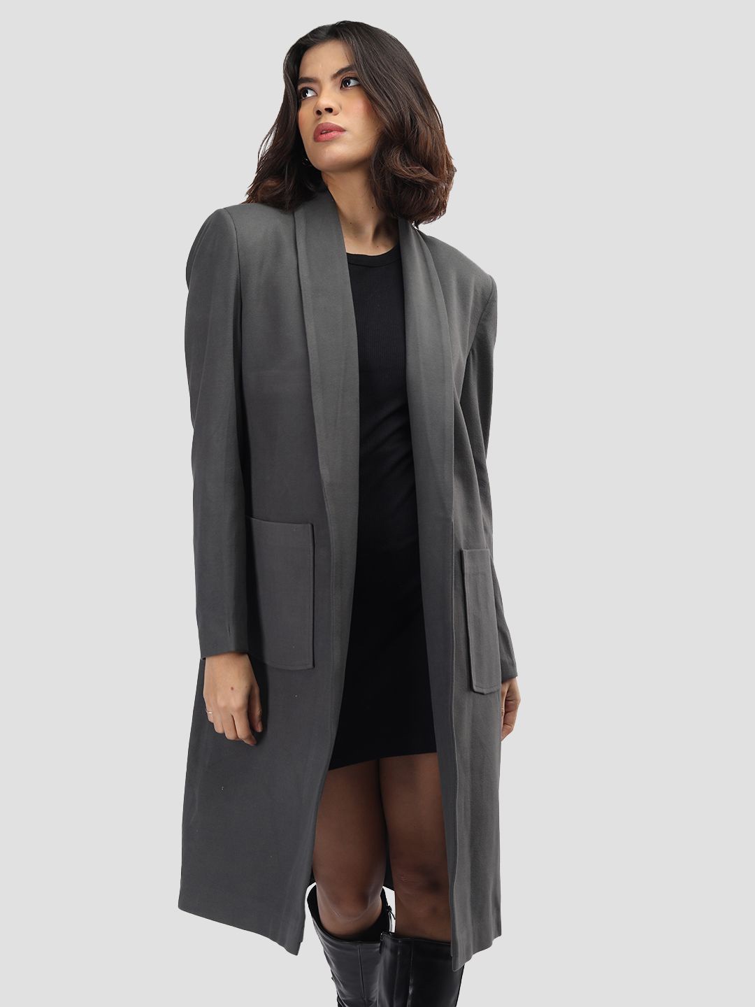 

CHKOKKO Women Front Open Solid Casual Coat, Grey