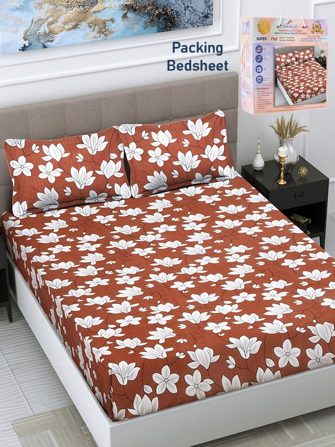 

FABINALIV Rust & Black Floral 300 TC Double King Bedsheet With 2 Pillow Covers