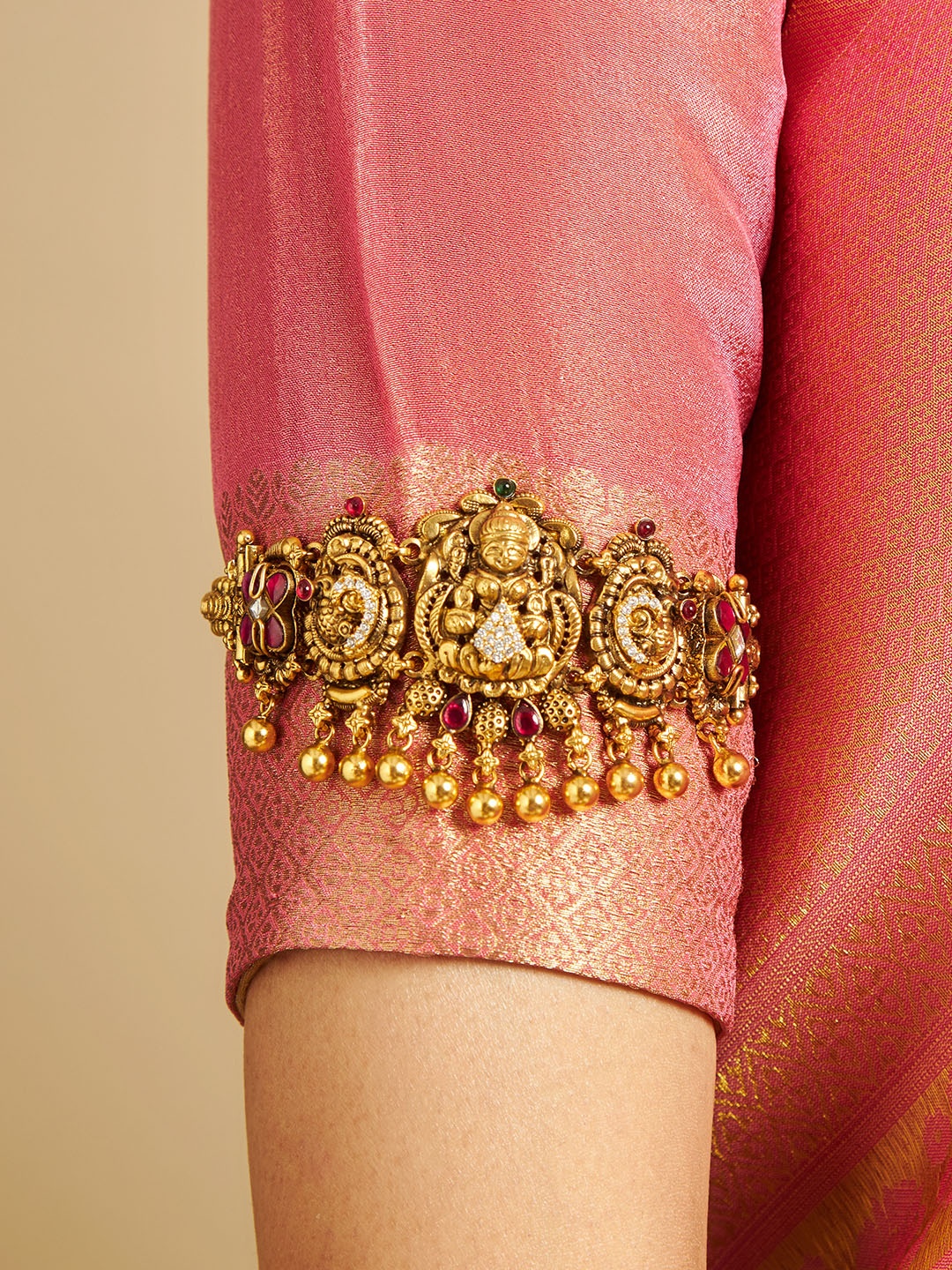 

Kushal's Fashion Jewellery 92.5 Pure Silver Gold-Plated Stones Studded Temple Armlet