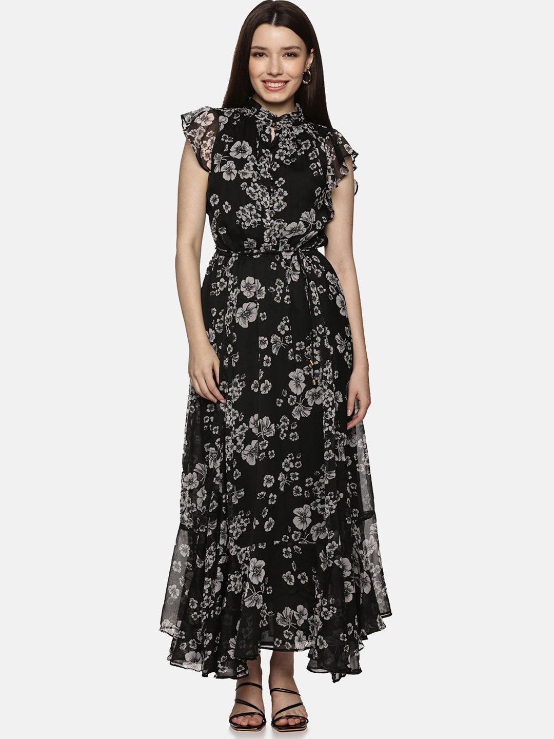 

ISU Floral Print Tie-Up Neck Flutter Sleeve Chiffon Maxi Dress, Black
