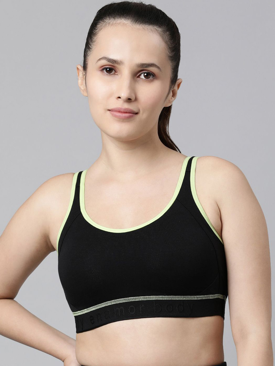 

Enamor Non Padded Wirefree High Coverage Antimicrobial Side Shaper Active Sports Bra Sb28, Black