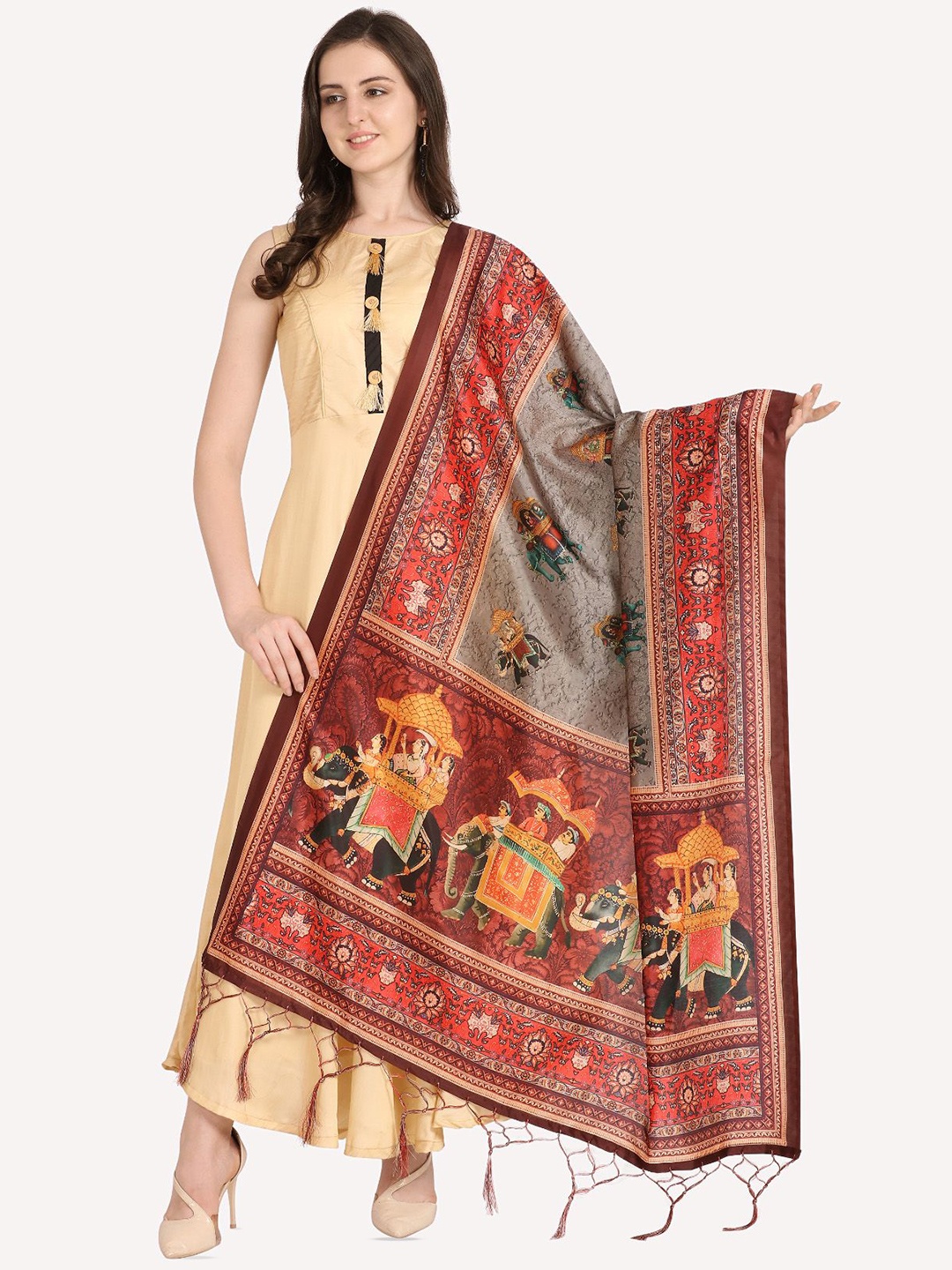 

Kaizen TEXO FAB Ethnic Motifs Digital Printed Kalamkari Assam Silk Dupatta, Grey