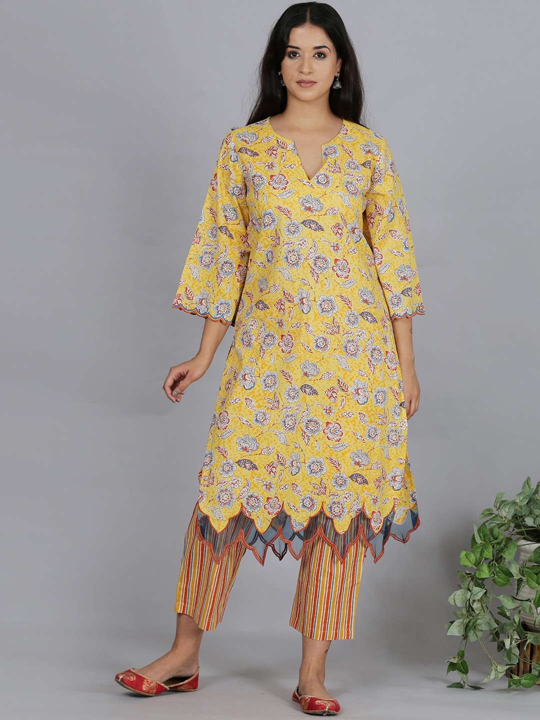 

Spring Soul Women Floral Printed Flared Sleeves Sequinned Kurta, Yellow