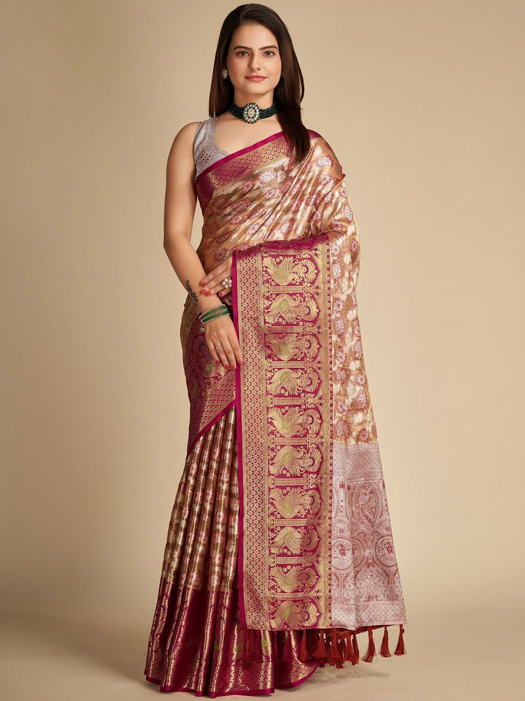 

SHOBHA SAREES Ethnic Motifs Zari Pure Silk Banarasi Saree, Brown