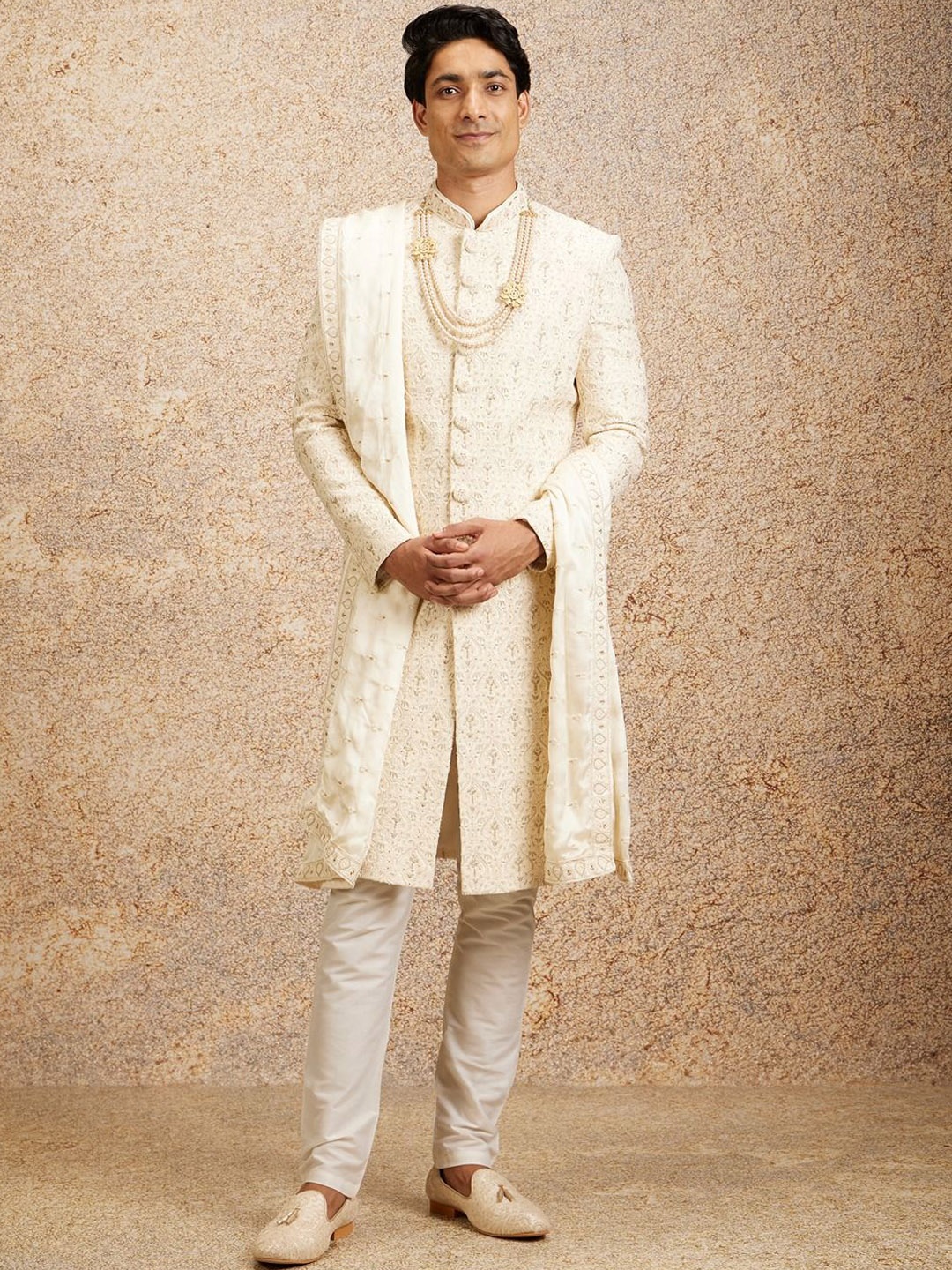 

Twamev Embroidery Sherwani Set, Cream