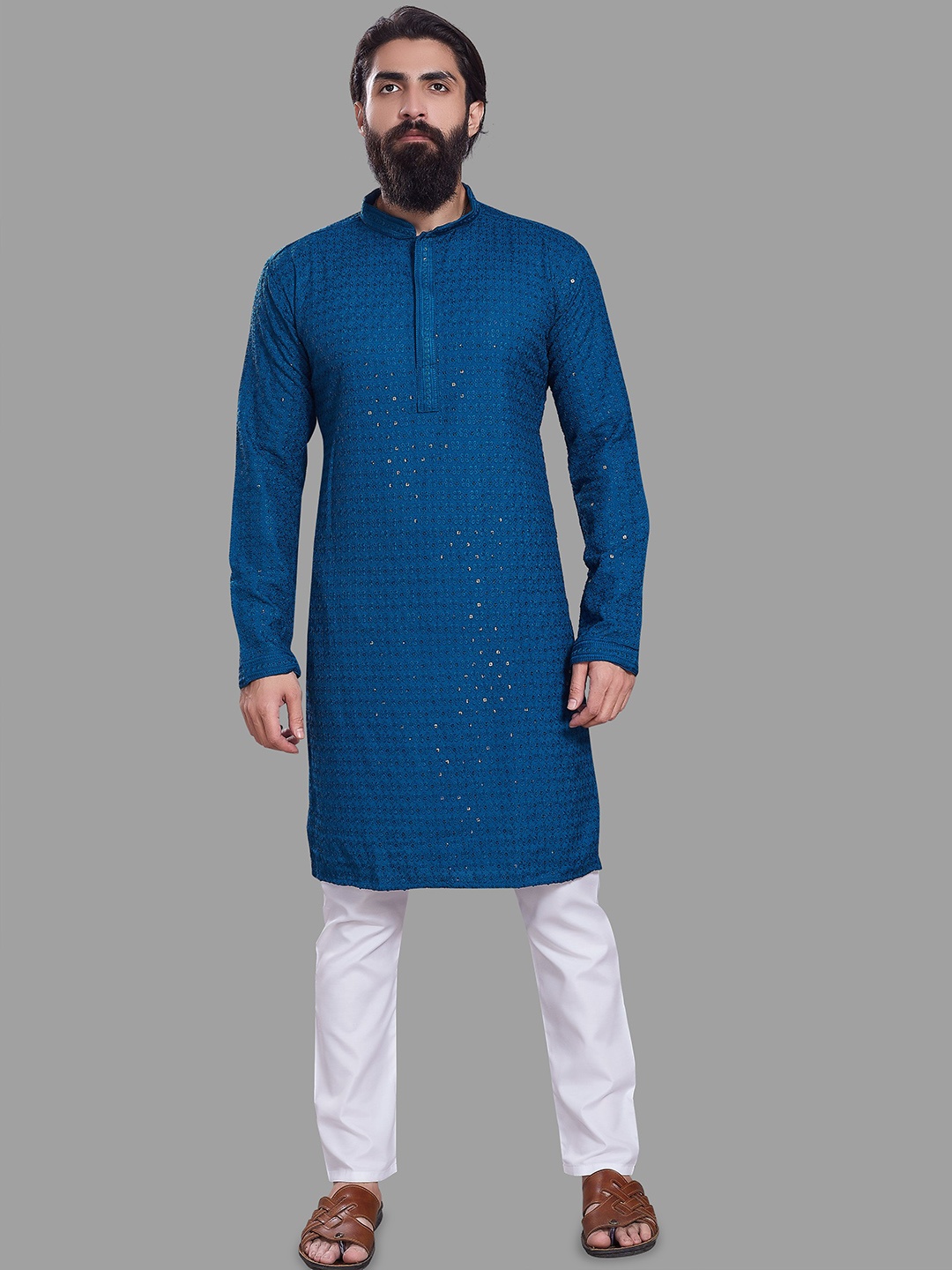 

DIVISIVE Floral Embroidered Mandarin Collar Sequinned Straight Kurta, Turquoise blue