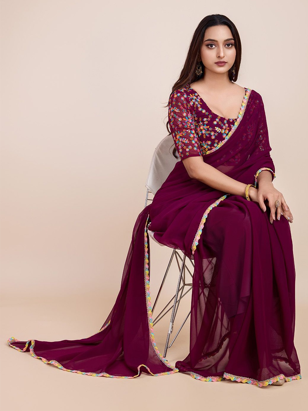 

COSBILA FASHION Embroidered Poly Georgette Saree, Burgundy