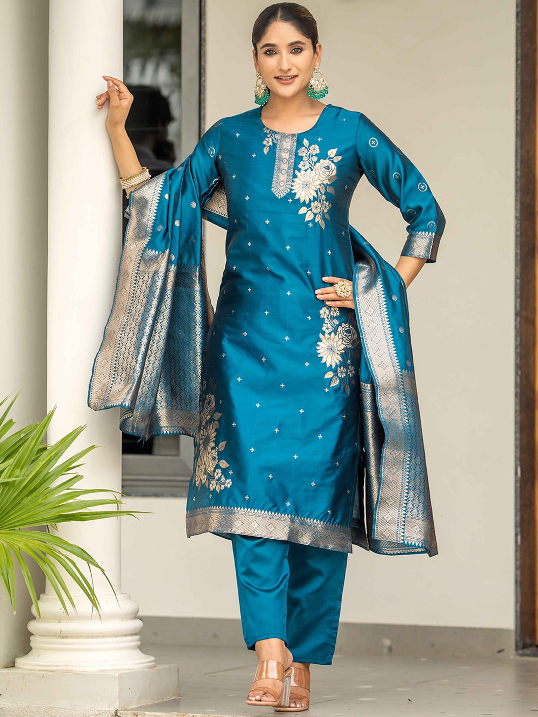 

Twika Floral Woven Design Round Neck Zari Straight Kurta With Trousers & Dupatta, Teal