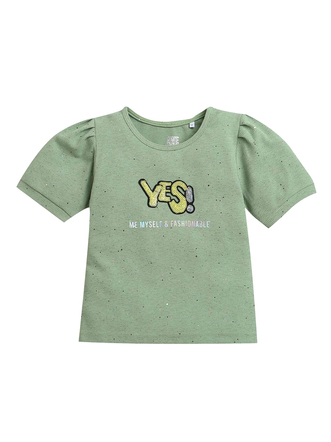 

Tiny Girl Girls Typography Printed Round Neck Cotton Top, Olive