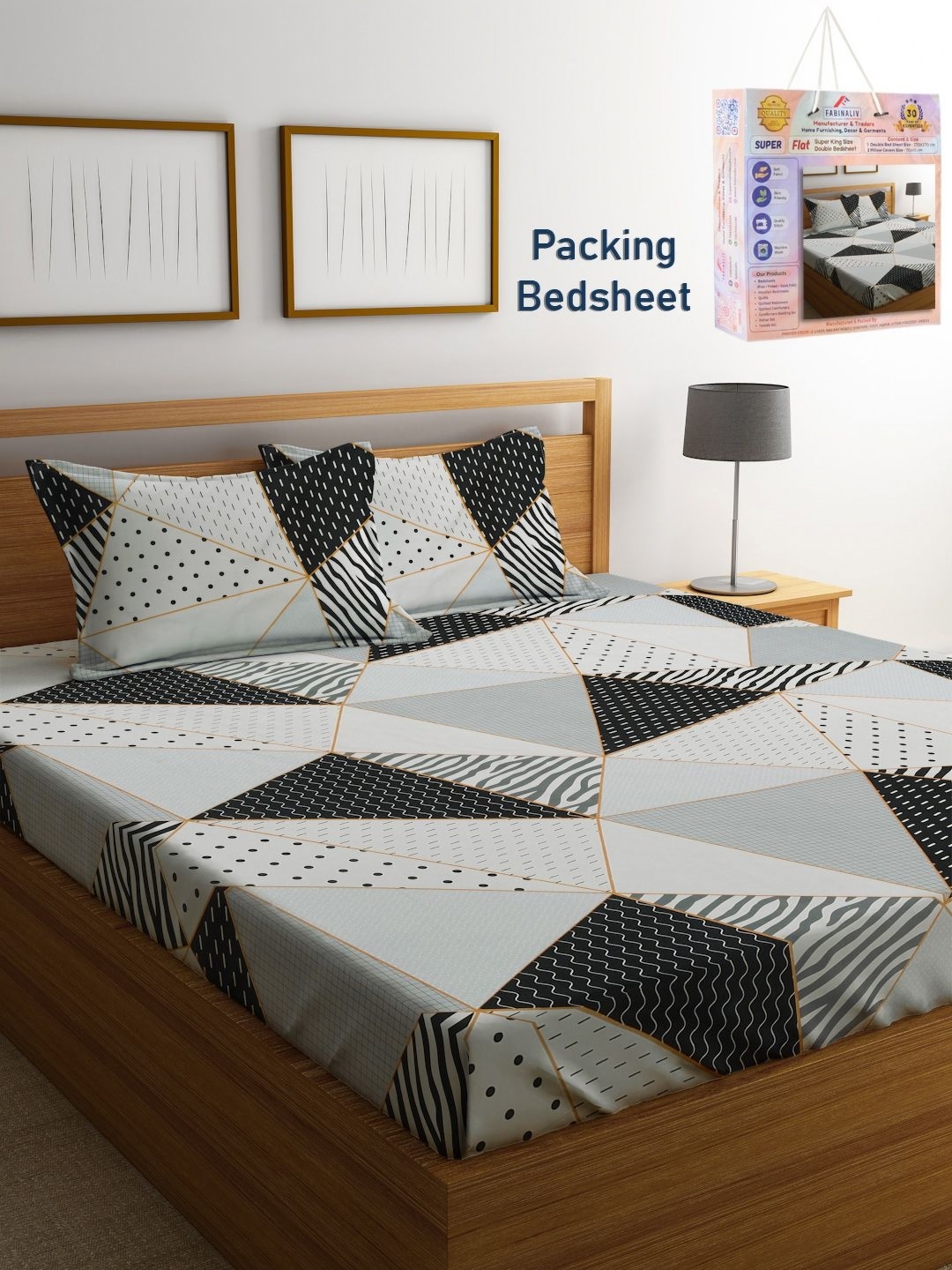 

FABINALIV Off White & Black Geometric 300 TC King Bedsheet with 2 Pillow Covers