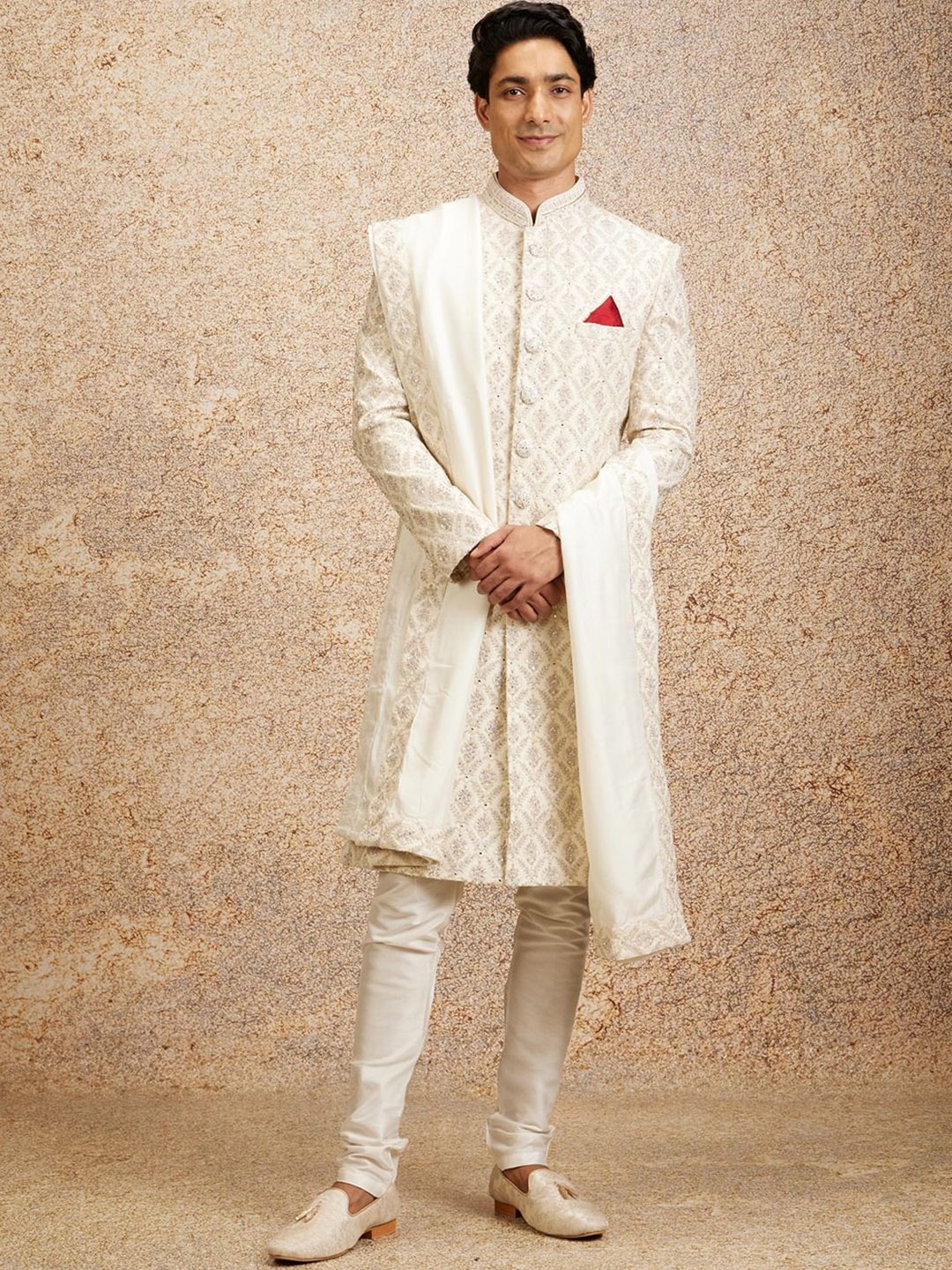 

Twamev Embroidered Sherwani Set, Cream