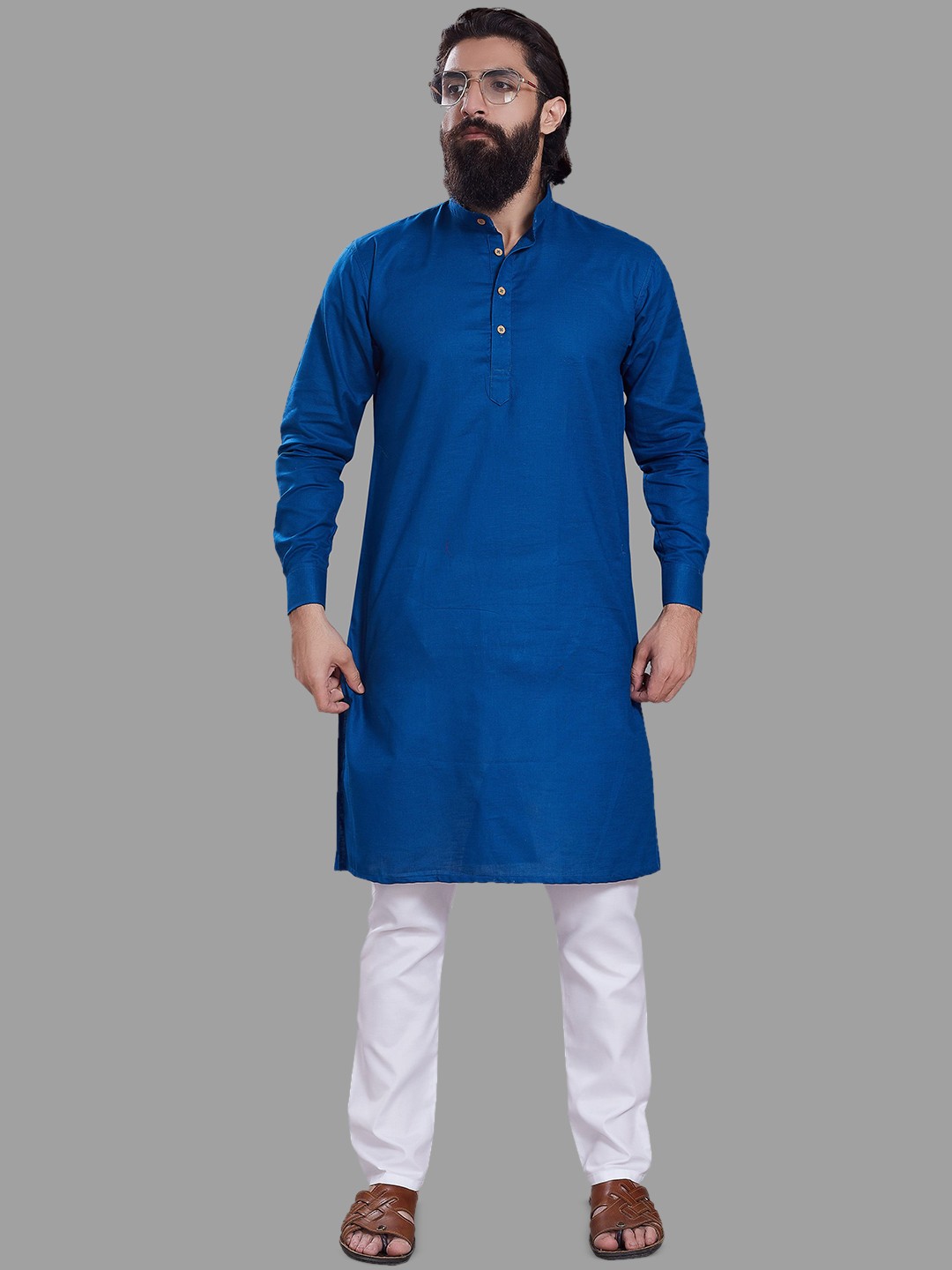 

DIVISIVE Mandarin Collar Long Sleeves Cotton Straight Kurta, Navy blue