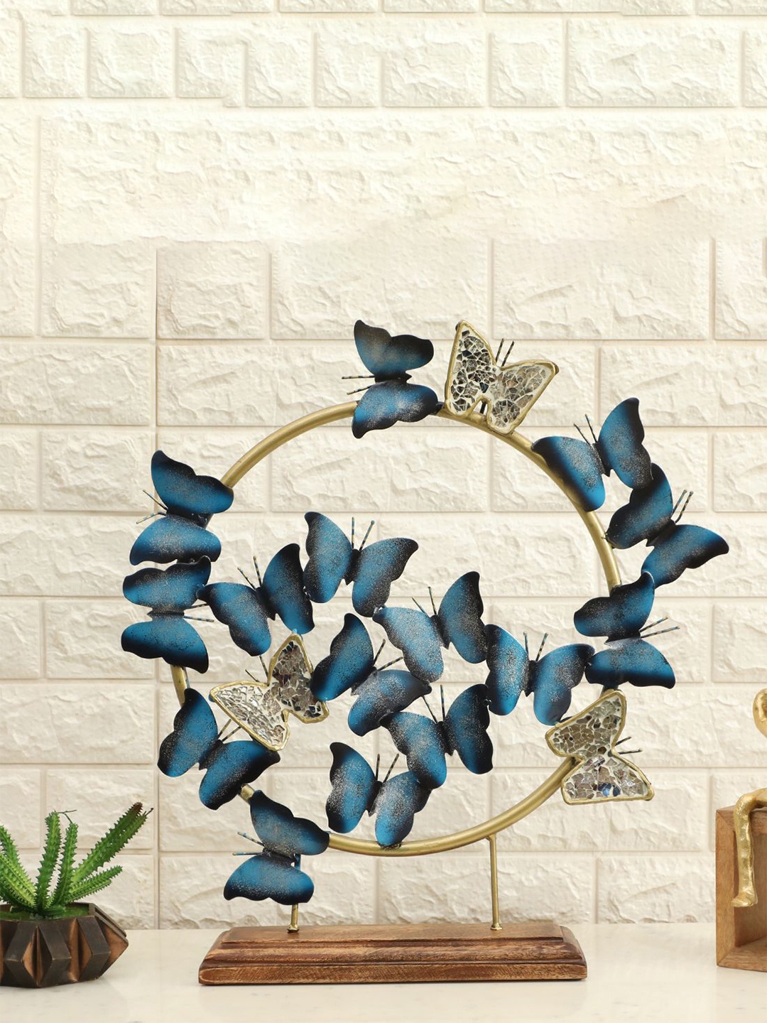 

vedas Blue & Gold Toned Textured Metal Butterflies Curio Showpiece