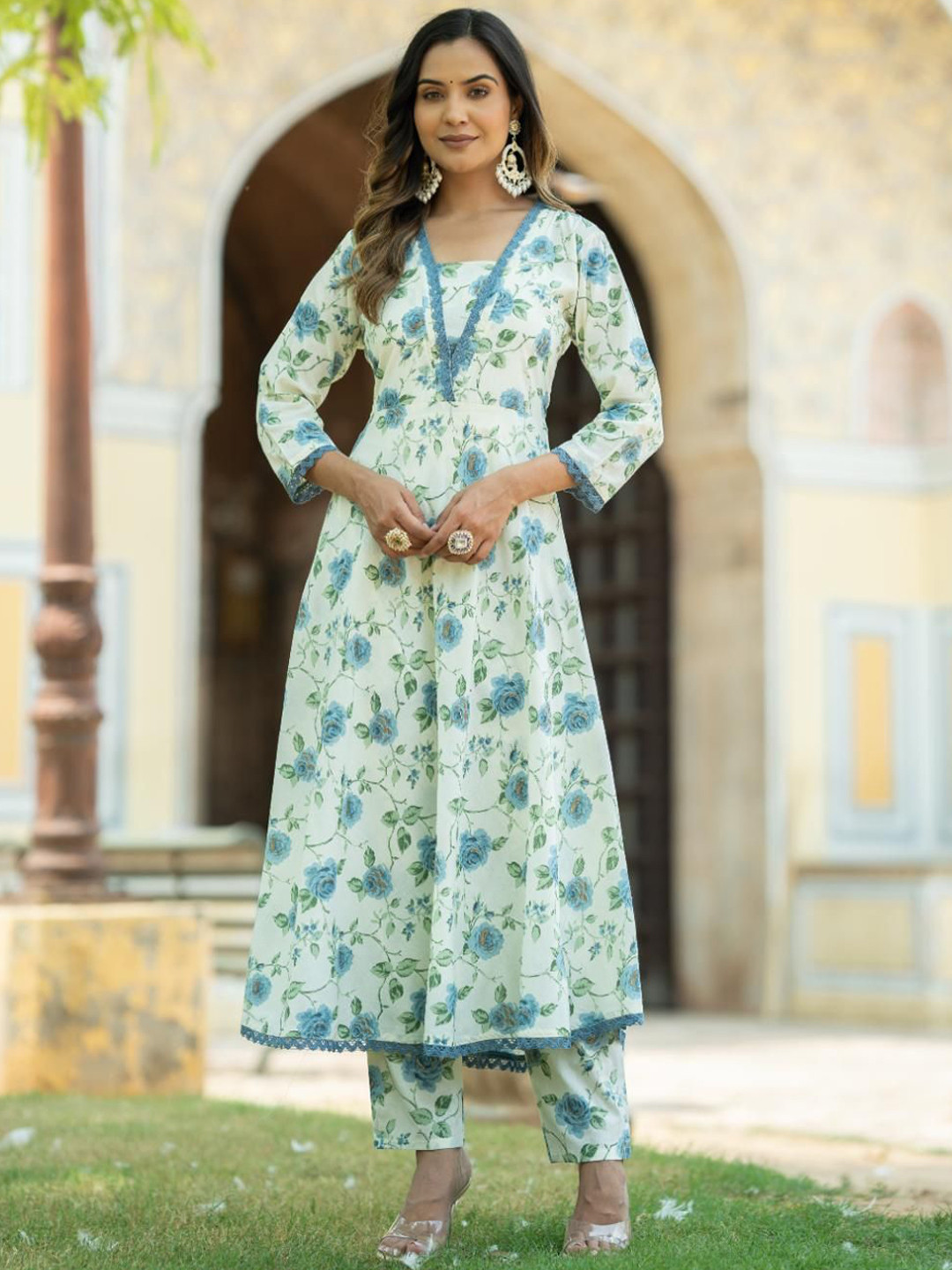 

KALINI Floral Printed Pure Cotton Kurta with Trousers, Beige