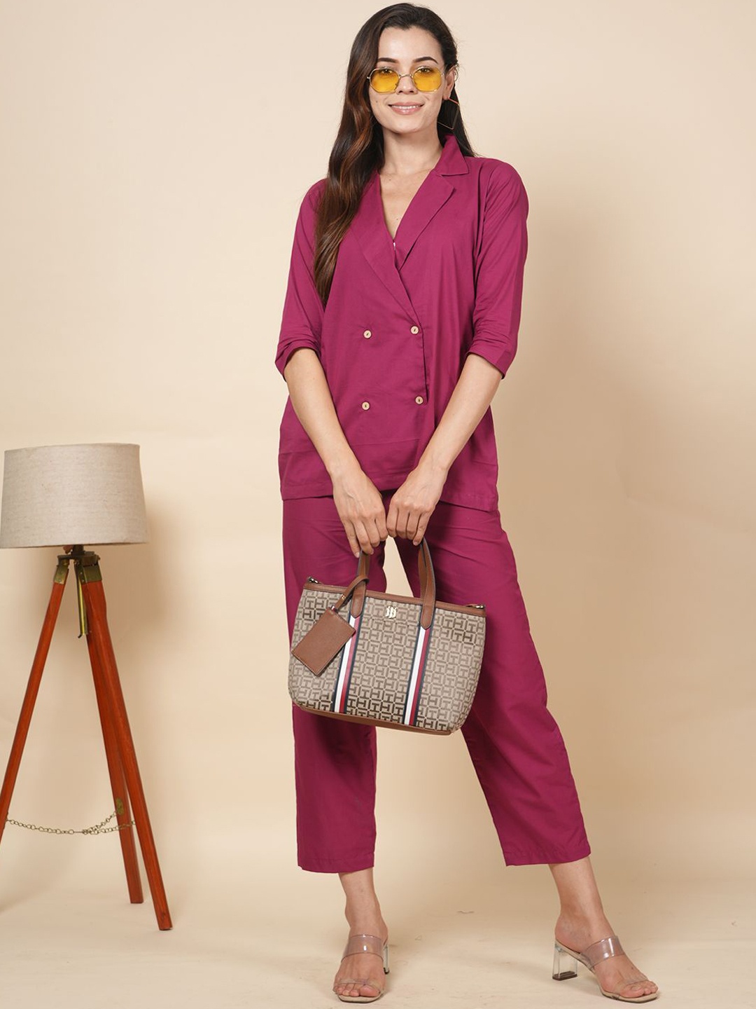 

LABEL KRISHA Pure Cotton Blazer Top With Trouser Co-Ords, Magenta