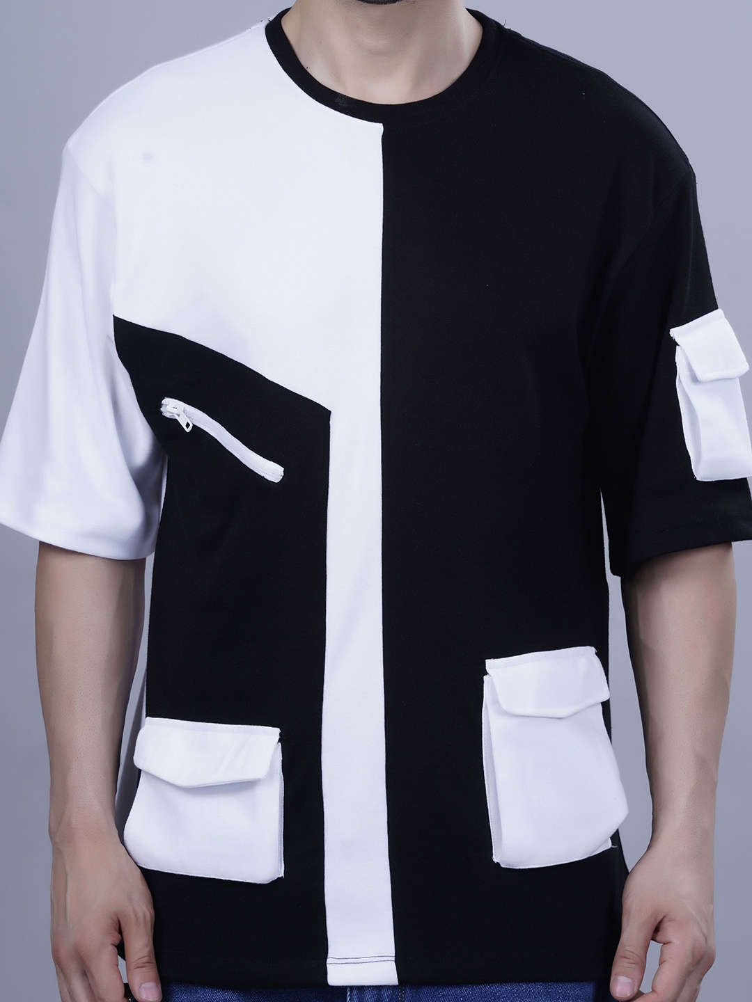 

FEVER HUNT Men Colourblocked Round Neck Cotton Oversized T-Shirt, White