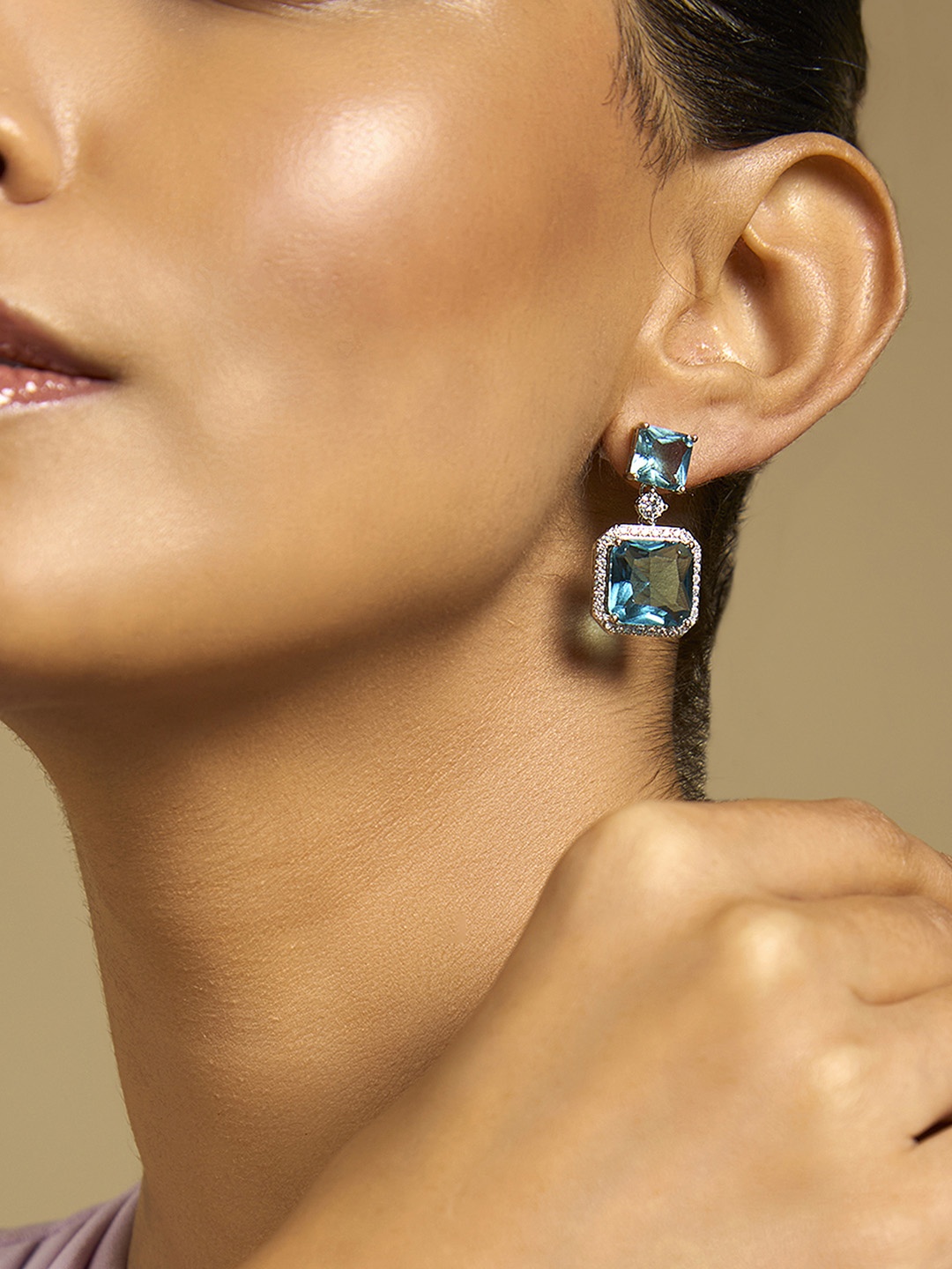 

Kushal's Fashion Jewellery Rhodium-Plated Cubic Zirconia-Studded Drop Earrings, Sea green