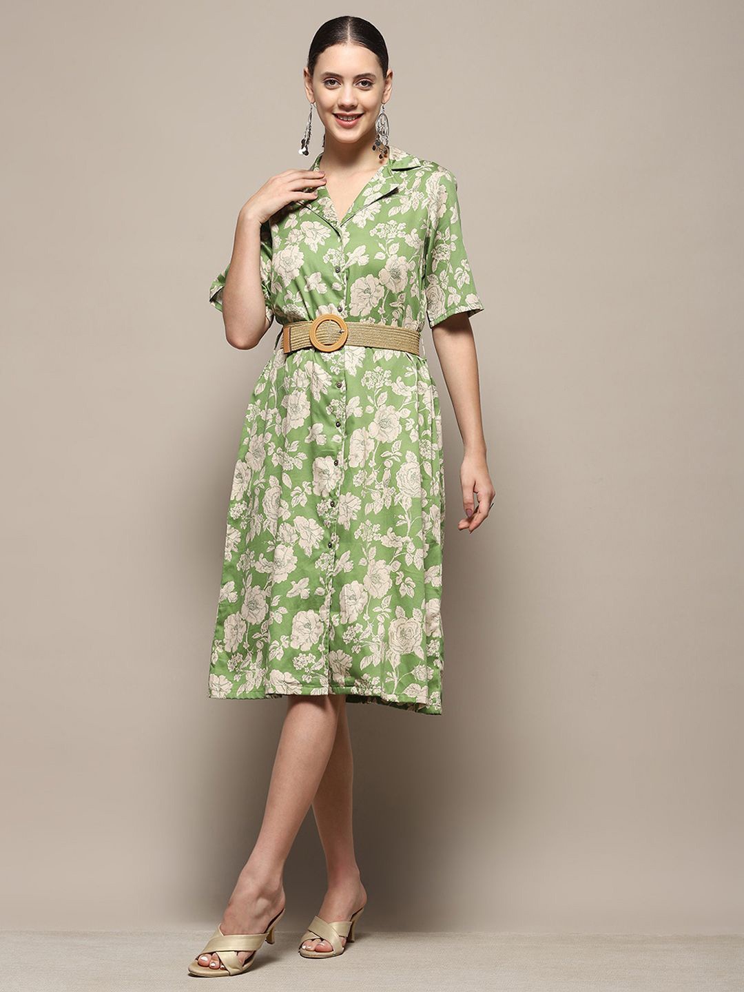 

Biba Floral Printed A-Line Dress, Green