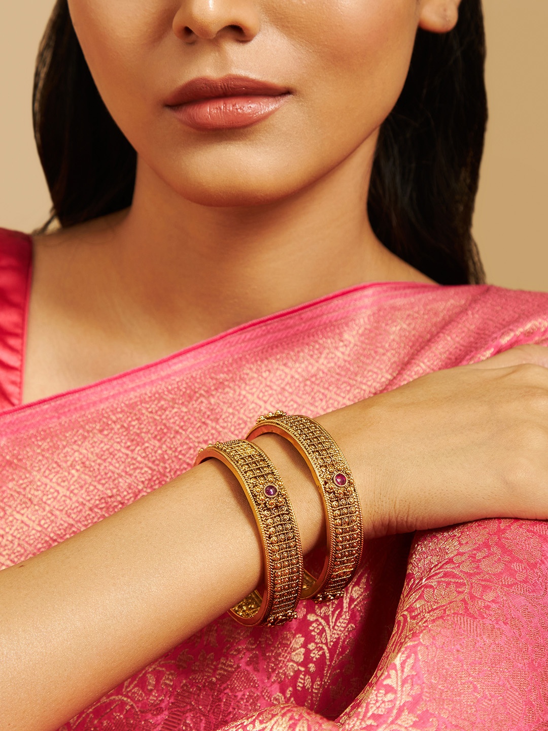 

Kushal's Fashion Jewellery Set Of 2 Gold-Plated & Stone-Studded Bangles