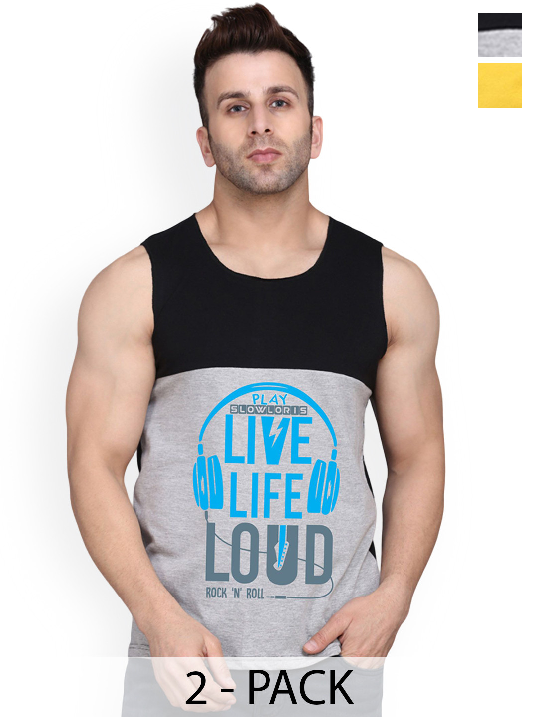 

SLOWLORIS Pack Of 2 Men Printed Innerwear Gym Vests, Black