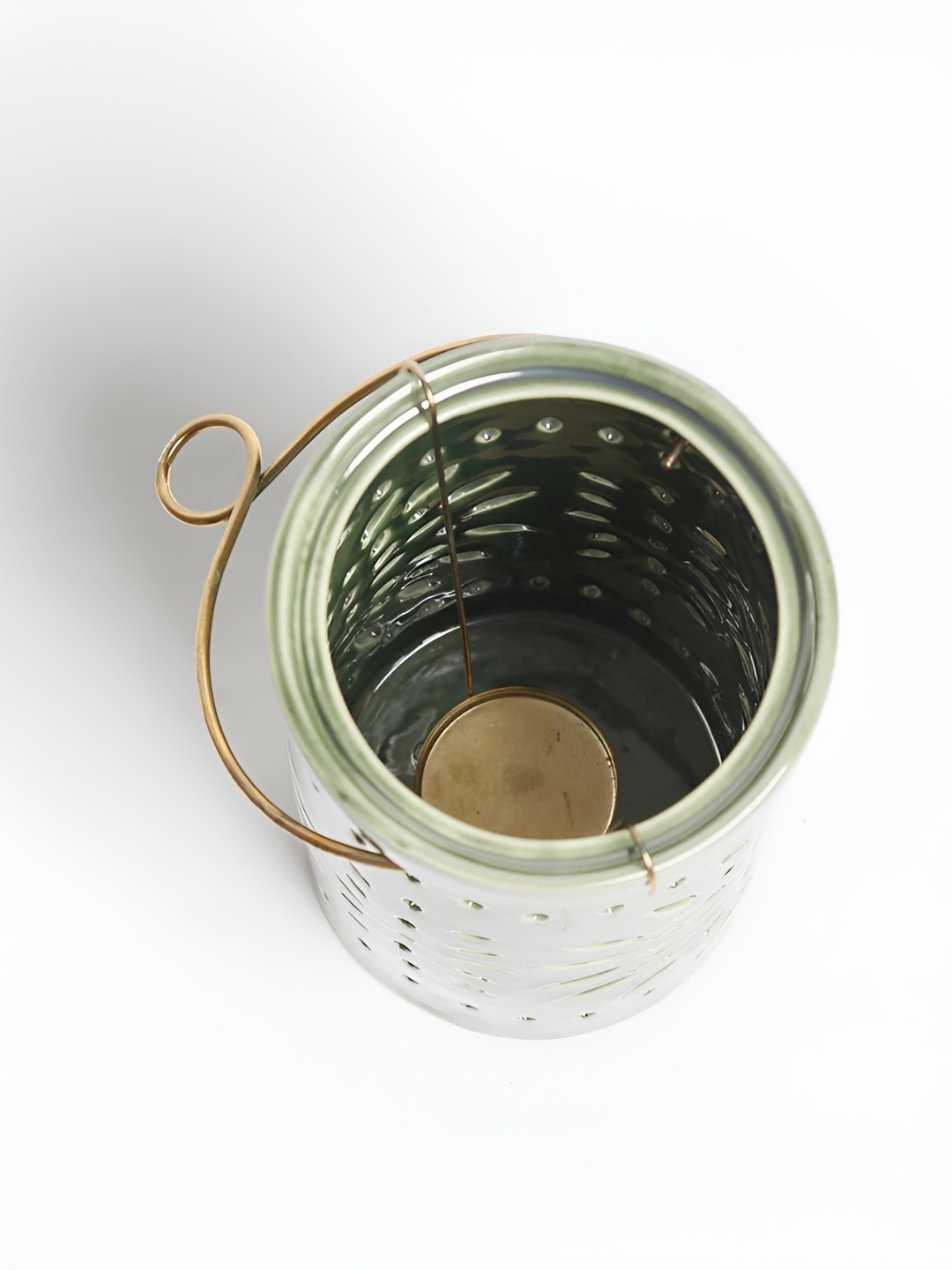 

Fabindia Green & Gold Toned Textured Ceramic Cylindrical Shaped Table Lamp