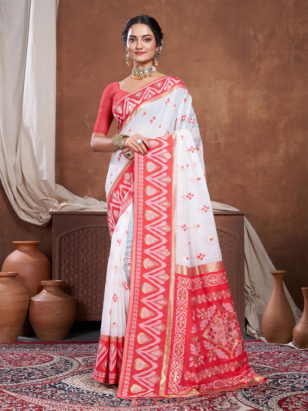 

AWRIYA Woven Design Zari Silk Cotton Saree, White